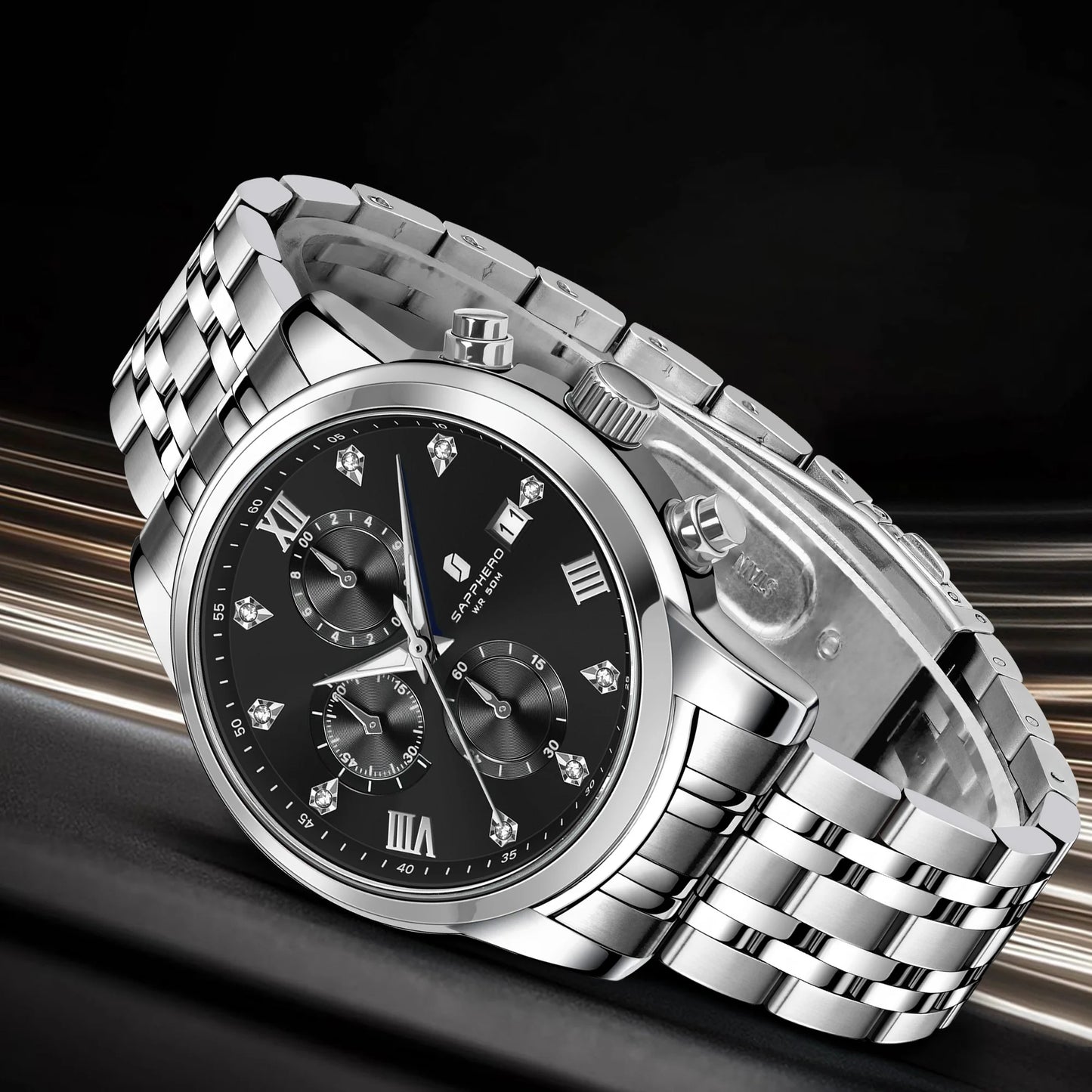 SAPPHERO Luxury Men's Watch Stainless Steel Watch Calendar Waterproof Clock 5ATM Men's Watch High-end Gift Box Clock