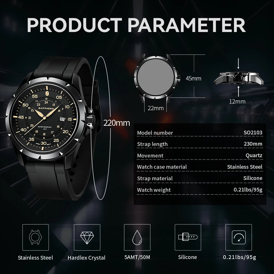 SAPPHERO Men Watch Luxury Quartz Clock 50M Waterproof Imported Movement Stainless Steel Watch Men's Gift Wristwatch