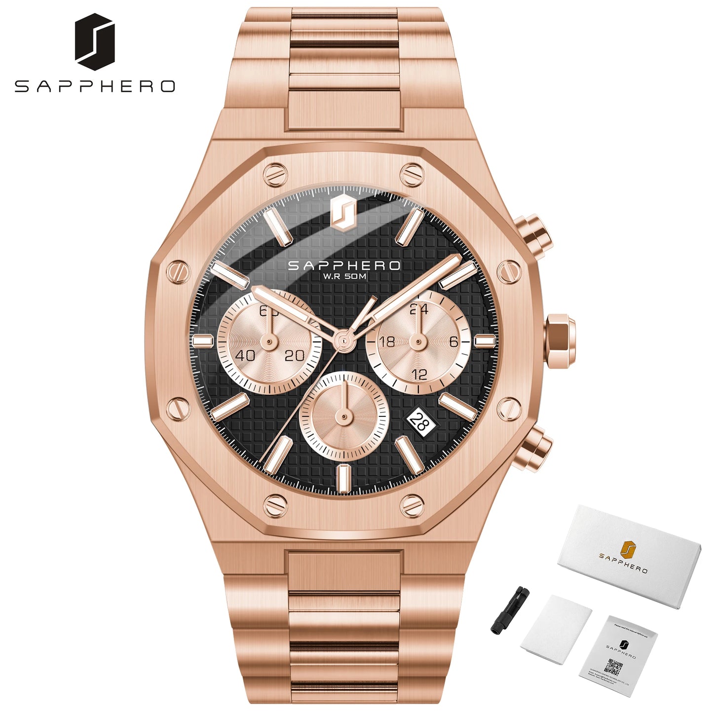 SAPPHERO Tough Men's Watch Business Style Stainless Steel Watch Waterproof Design Date Display Accurate Timer Excellent Gifts