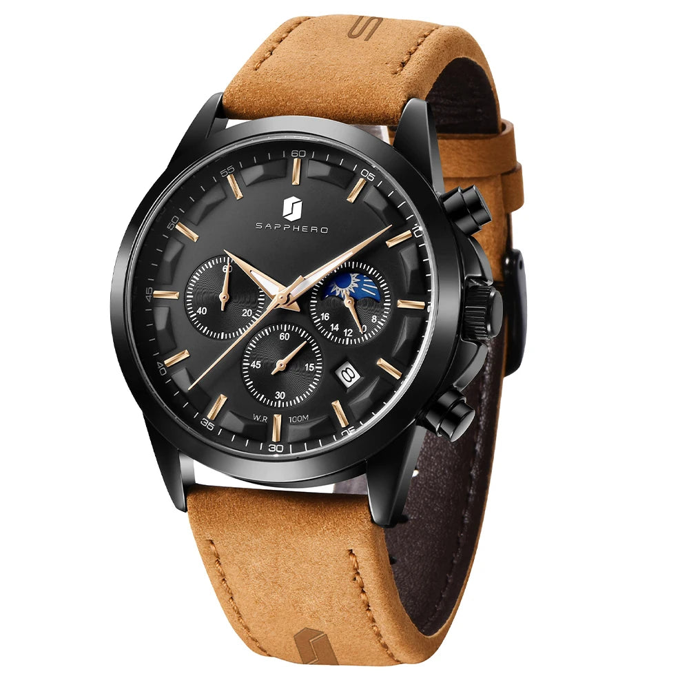 SAPPHERO Stainless steel Mens Watch Luxury Business Quartz Clock 100M Waterproof Casual Date Wristwatch for Men