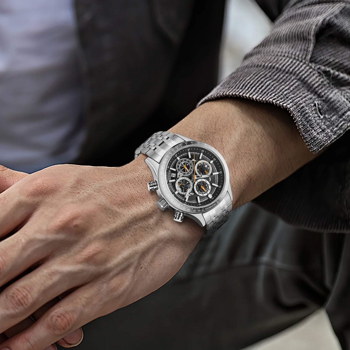 SAPPHERO Fashion Men Watch Mechanical Style Quartz Watch 50M Waterproof Clock Date Chronograph Watch  Gift Watch For Men