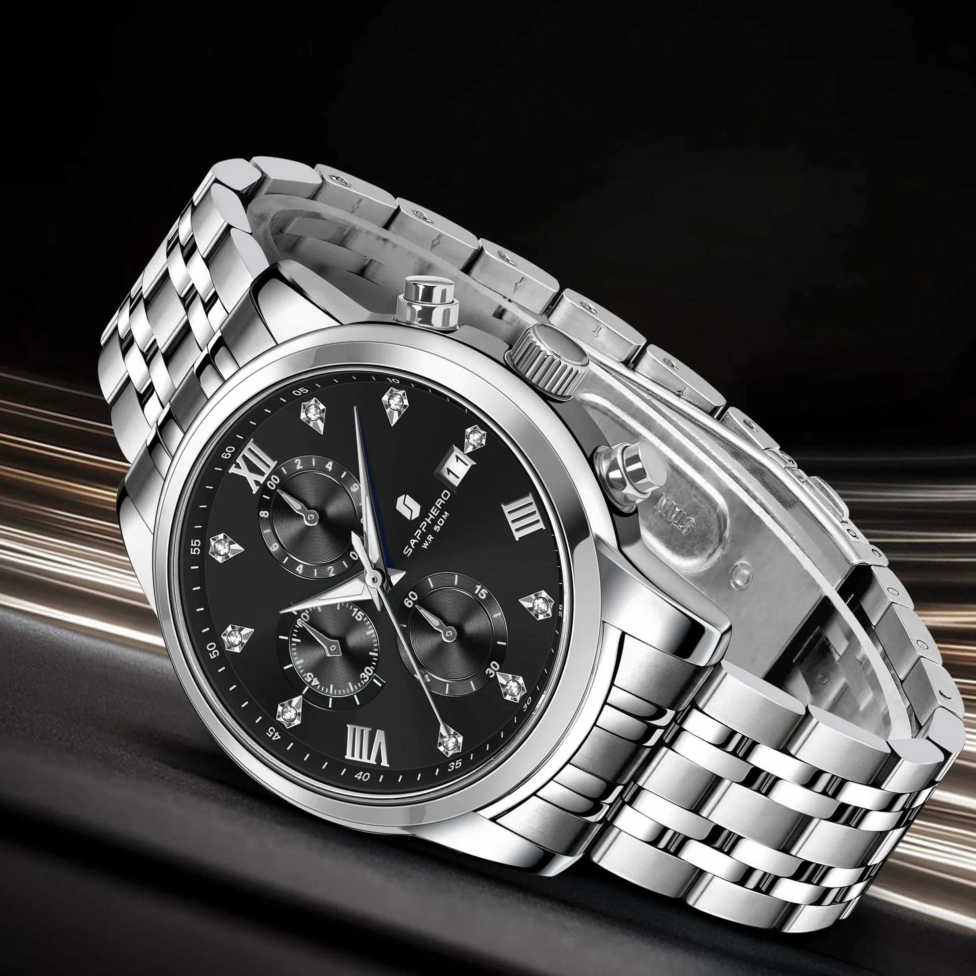 SAPPHERO Luxury Men's Watch Stainless Steel Watch Calendar Waterproof Clock 5ATM Men's Watch High-end Gift Box Clock