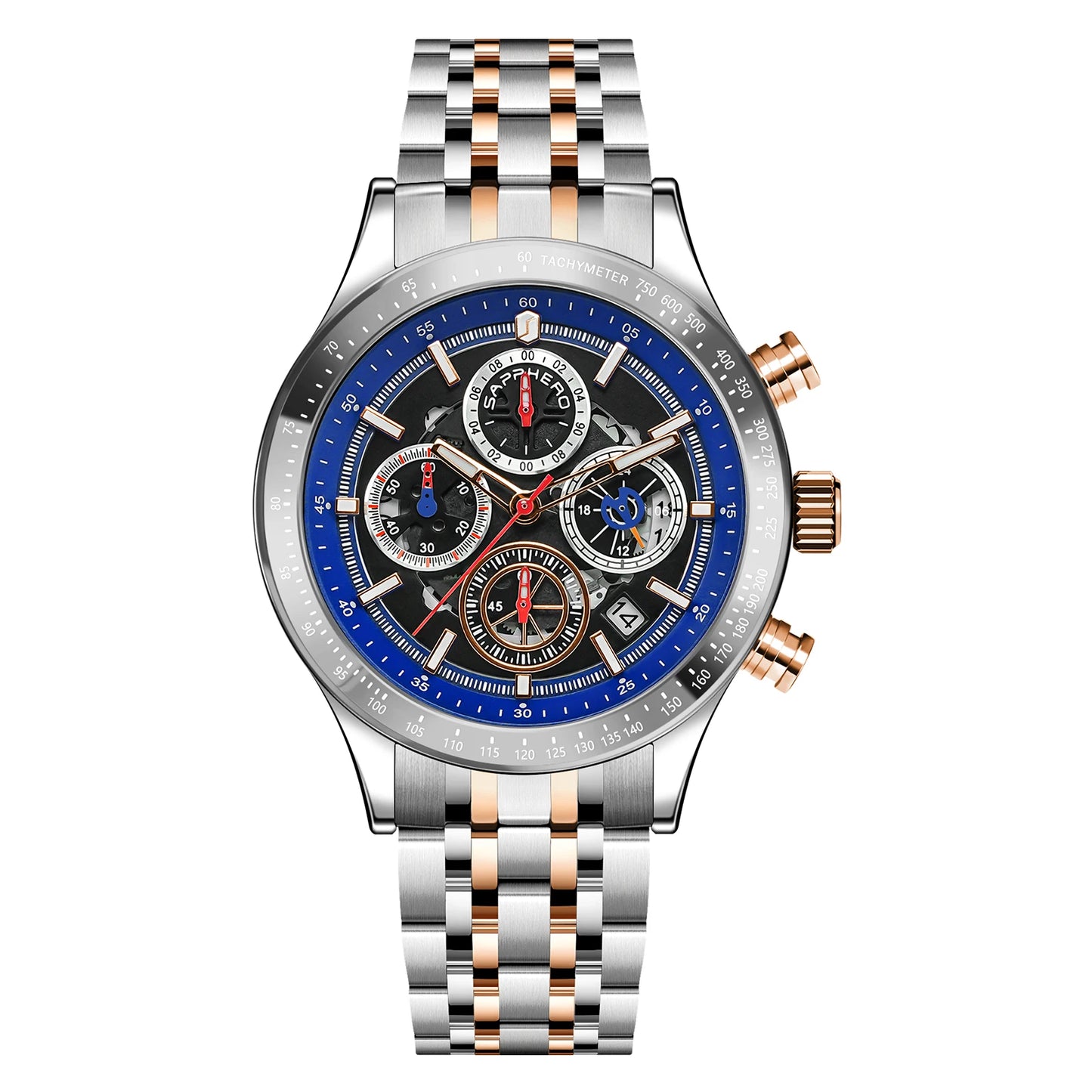 SAPPHERO Fashion Men Watch Mechanical Style Quartz Watch 50M Waterproof Clock Date Chronograph Watch  Gift Watch For Men