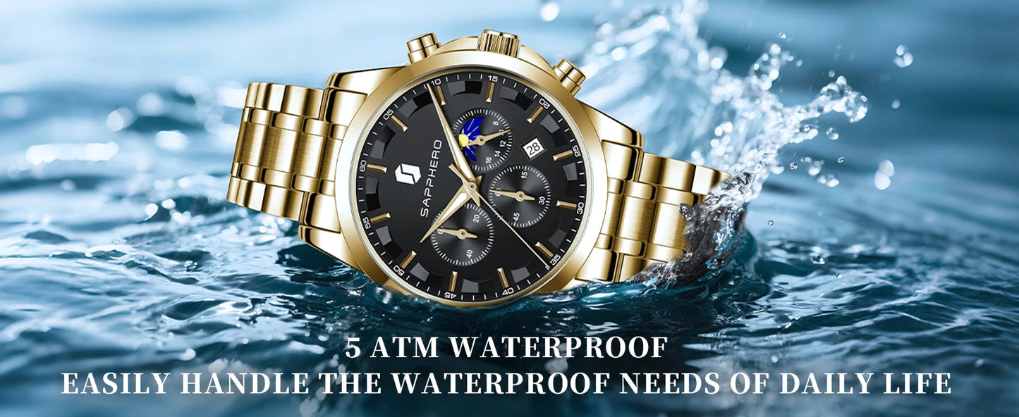 SAPPHERO Men's Business Watches Stainless Steel Strap Date Display & Chronograph Function Waterproof Men's Watch Rose Gold Watch