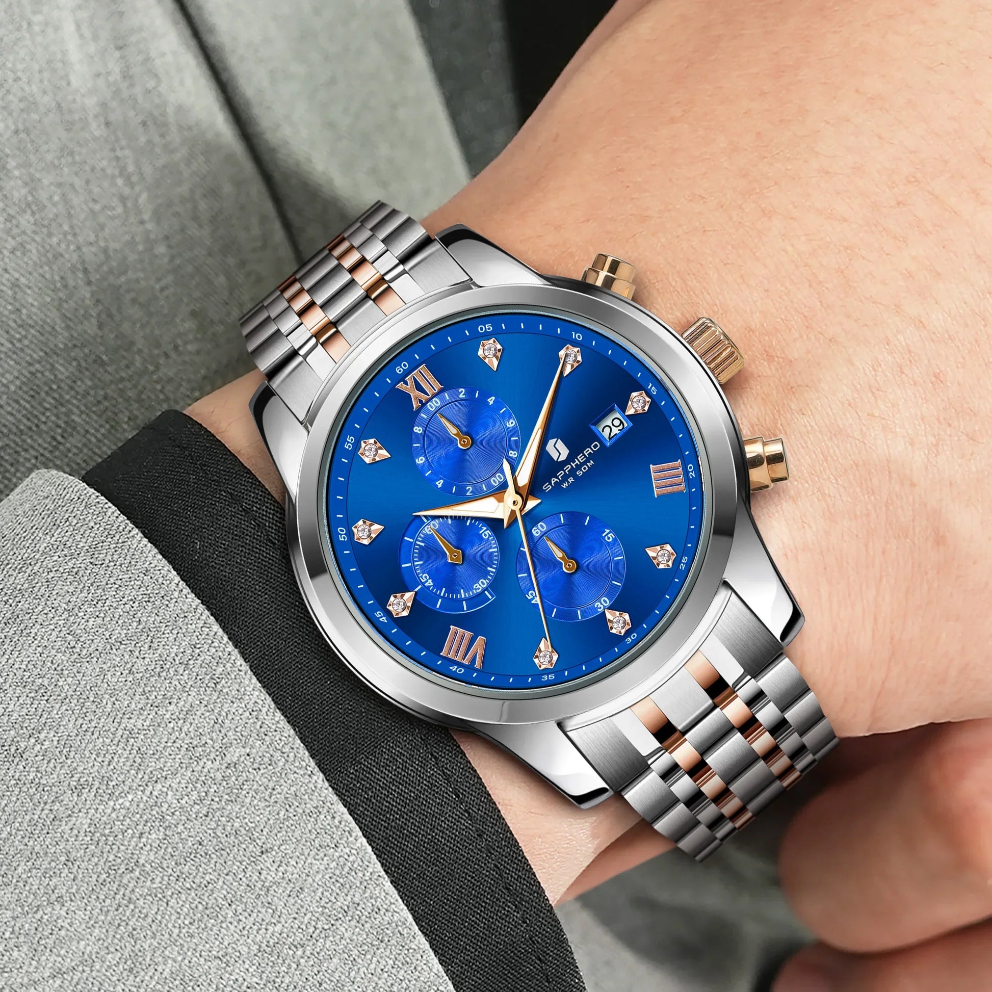 SAPPHERO Luxury Men's Watch Stainless Steel Watch Calendar Waterproof Clock 5ATM Men's Watch High-end Gift Box Clock
