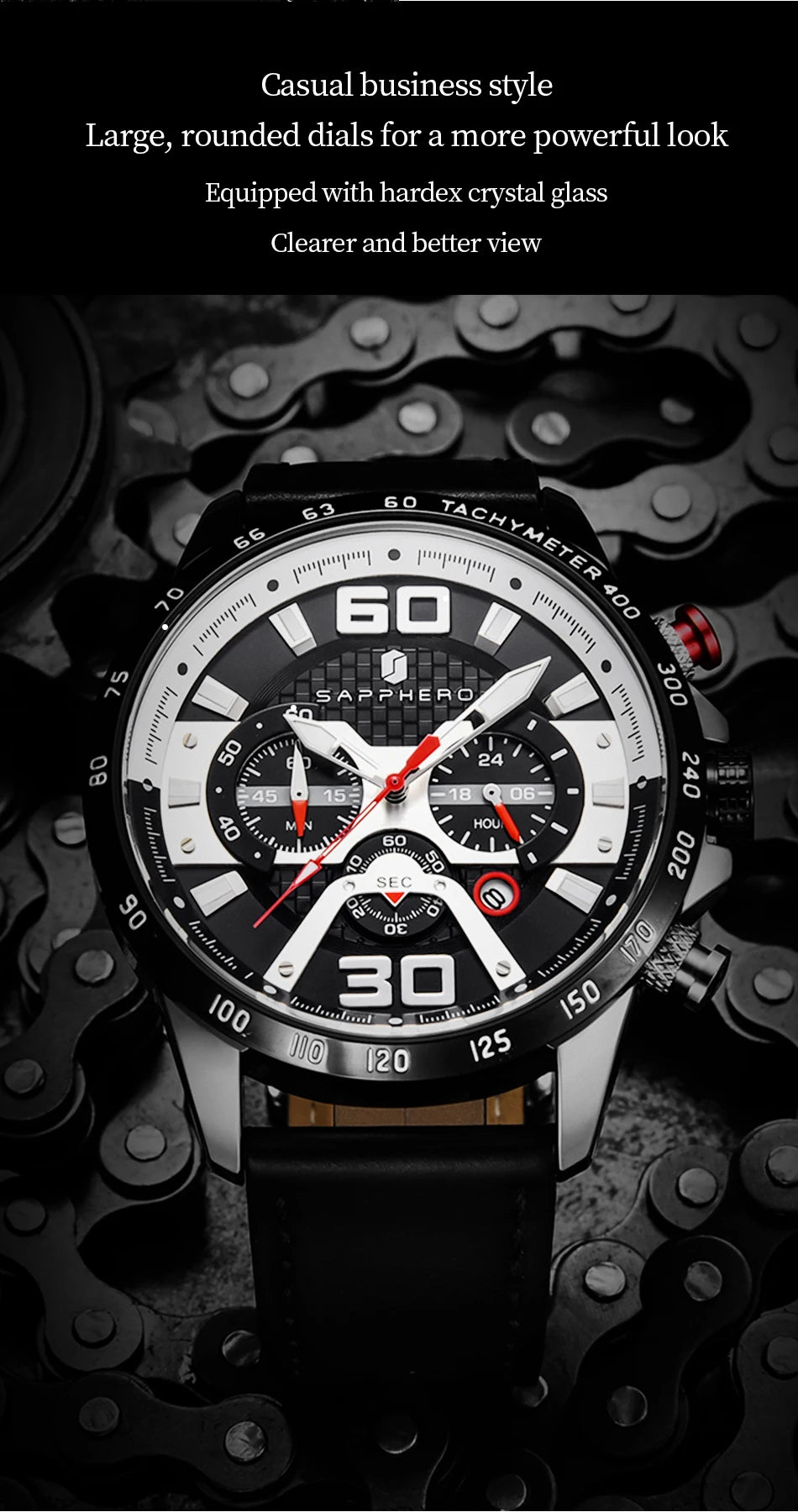 SAPPHERO Sports Men's Watch Rose Gold Watch Leather Strap Date Luminous Waterproof Chronograph Quartz Watch Men's Accessories
