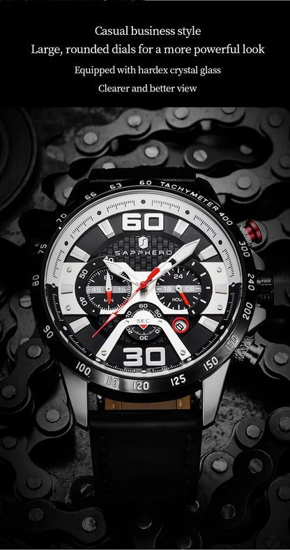 SAPPHERO Sports Men's Watch Rose Gold Watch Leather Strap Date Luminous Waterproof Chronograph Quartz Watch Men's Accessories