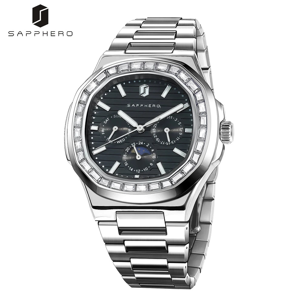 SAPPHERO Luxury Mens Quartz Watch Waterproof Watch Luminous Multifunctional Dial Clock Stainless Steel Strap Fashion Watch