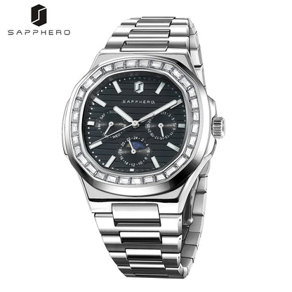 SAPPHERO Luxury Mens Quartz Watch Waterproof Watch Luminous Multifunctional Dial Clock Stainless Steel Strap Fashion Watch