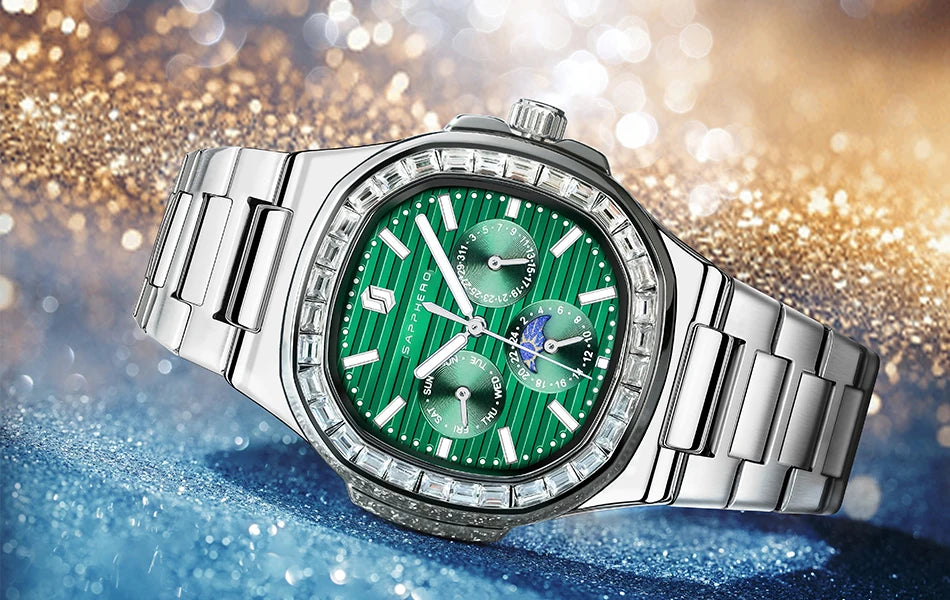 SAPPHERO Luxury Mens Quartz Watch Waterproof Watch Luminous Multifunctional Dial Clock Stainless Steel Strap Fashion Watch