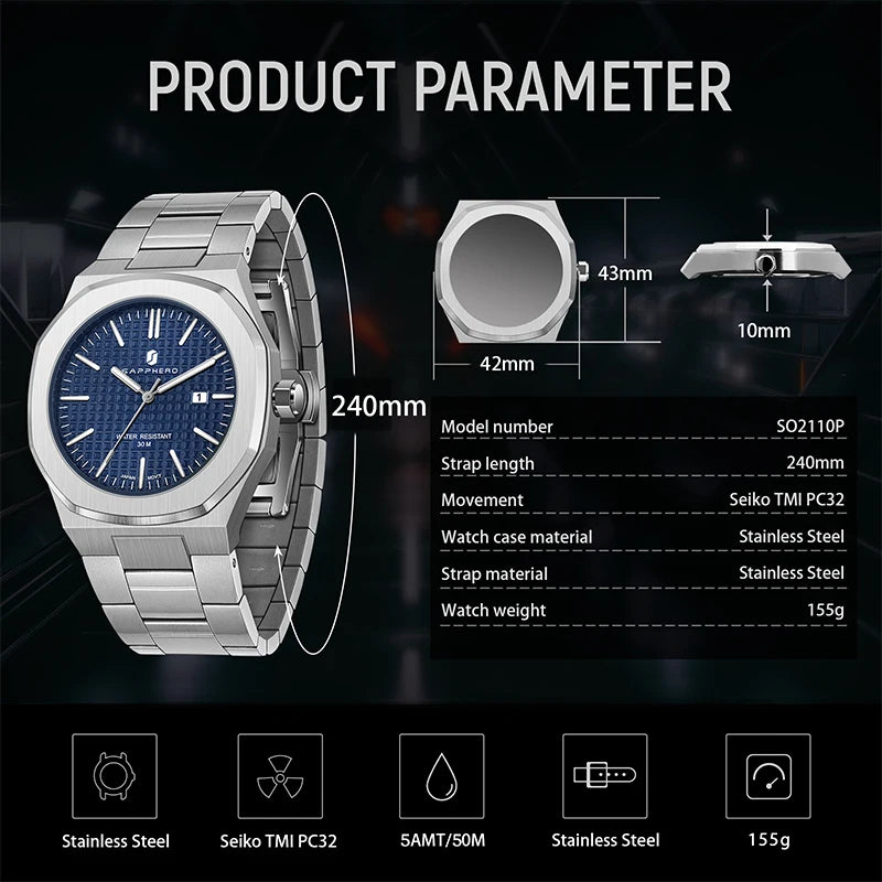SAPPHERO Luxury Business Men's Watch Stainless Steel Waterproof Watch For Men Glowing Hand Date Function Tough Men Gift Watch