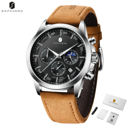 SAPPHERO Men's Business Watches Leather Strap Sports Casual Quartz Men's Watch Classic Waterproof Timepiece 5ATM Wrist Watch
