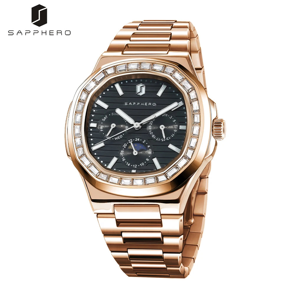SAPPHERO Luxury Mens Quartz Watch Waterproof Watch Luminous Multifunctional Dial Clock Stainless Steel Strap Fashion Watch