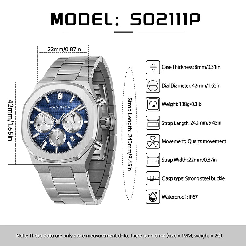 SAPPHERO Men's watch Stainless steel Waterproof men's watch Chronograph Business men's watch best gift clock