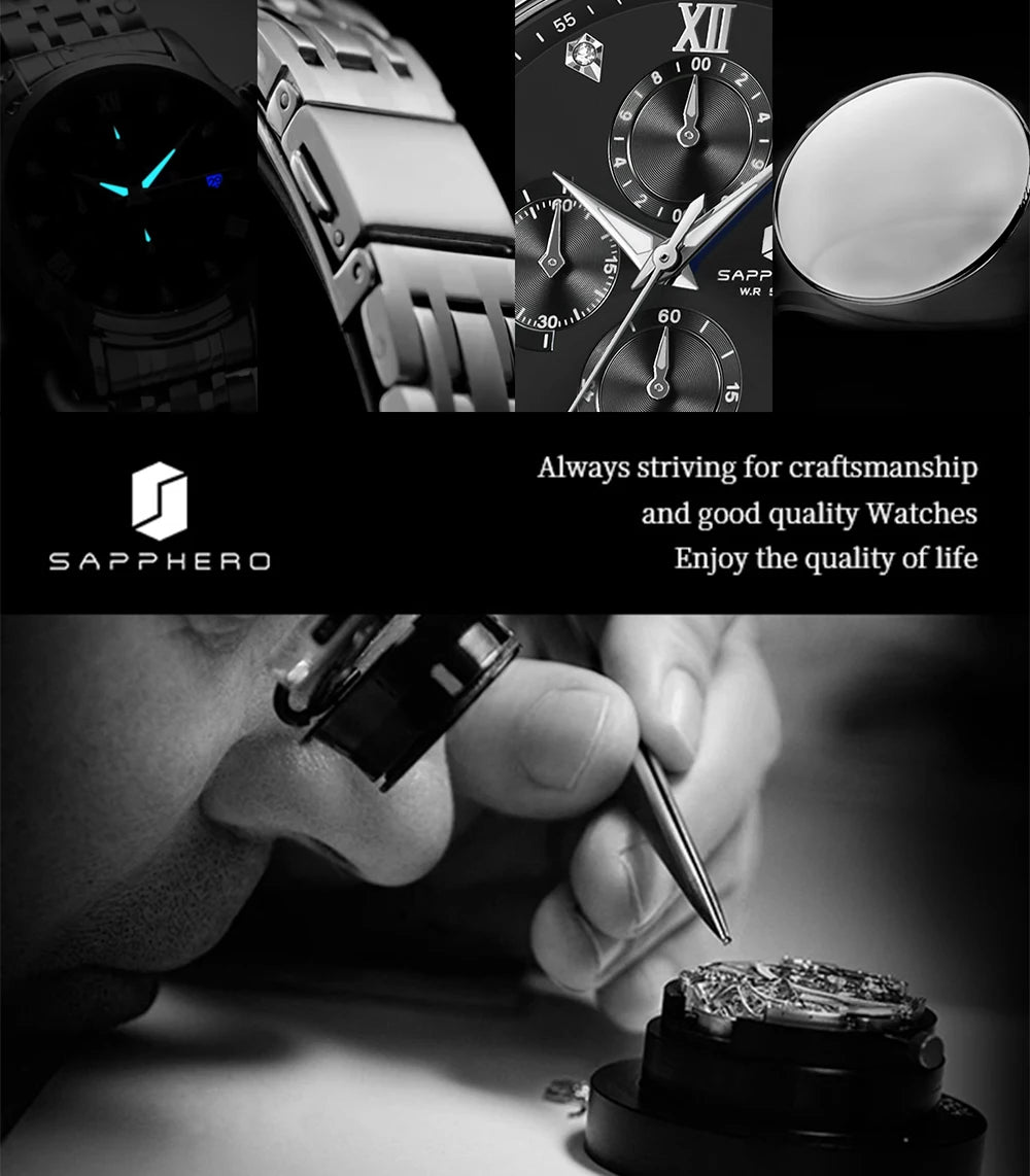 SAPPHERO Luxury Men's Watch Stainless Steel Watch Calendar Waterproof Clock 5ATM Men's Watch High-end Gift Box Clock