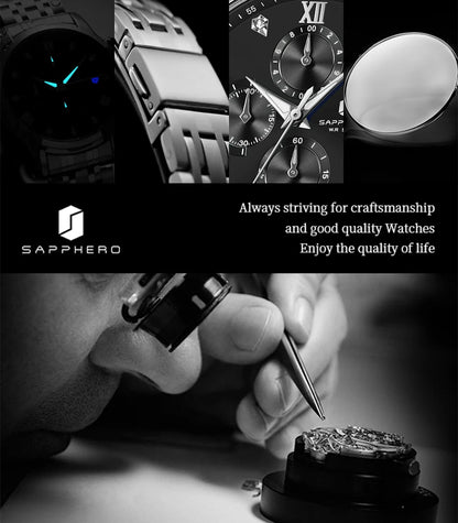 SAPPHERO Luxury Men's Watch Stainless Steel Watch Calendar Waterproof Clock 5ATM Men's Watch High-end Gift Box Clock