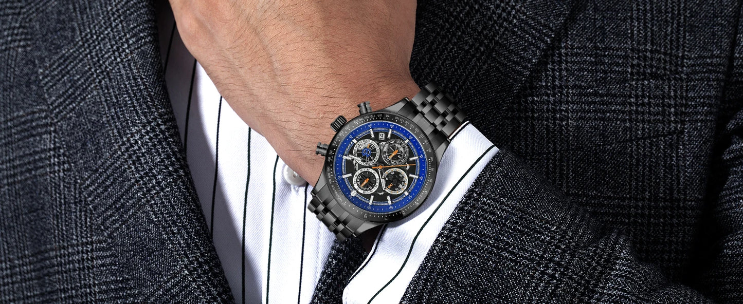 SAPPHERO Fashion Men Watch Mechanical Style Quartz Watch 50M Waterproof Clock Date Chronograph Watch  Gift Watch For Men