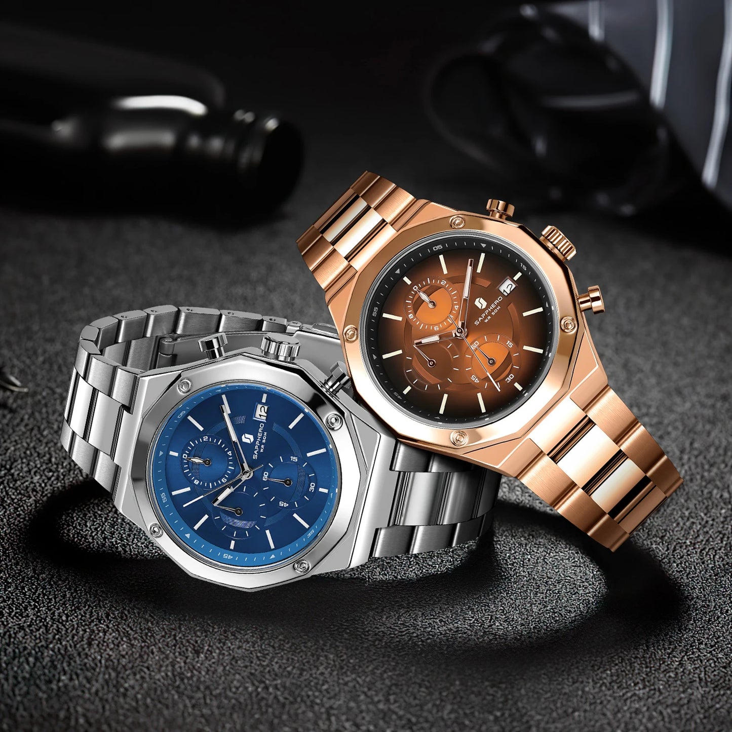SAPPHERO Rose Gold Men Watch Fashion Luxury Clock Stainless Steel Watch 50m Water Resistance Watch For Men New Year Gifts