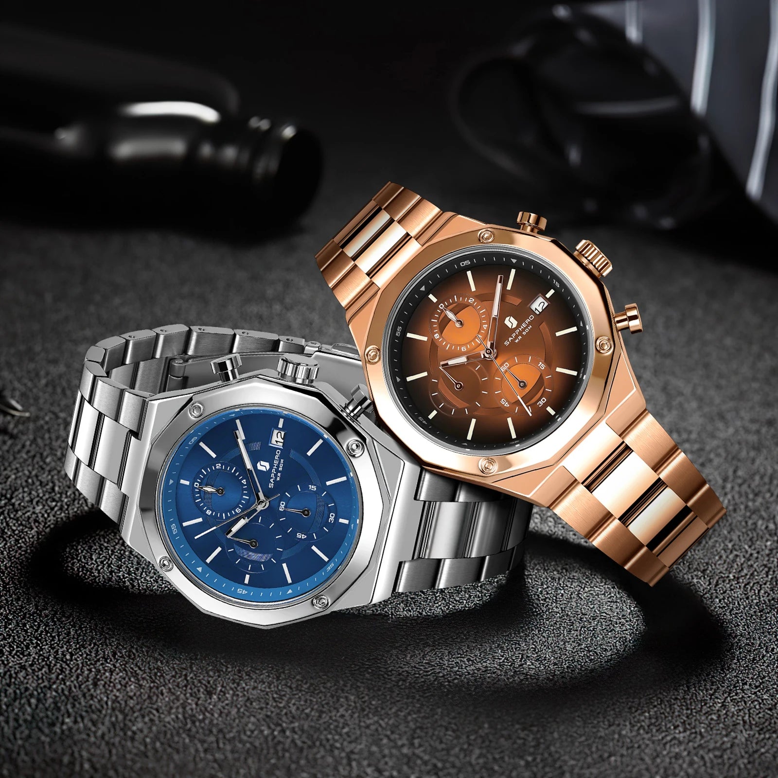 SAPPHERO Rose Gold Men Watch Fashion Luxury Clock Stainless Steel Watch 50m Water Resistance Watch For Men New Year Gifts