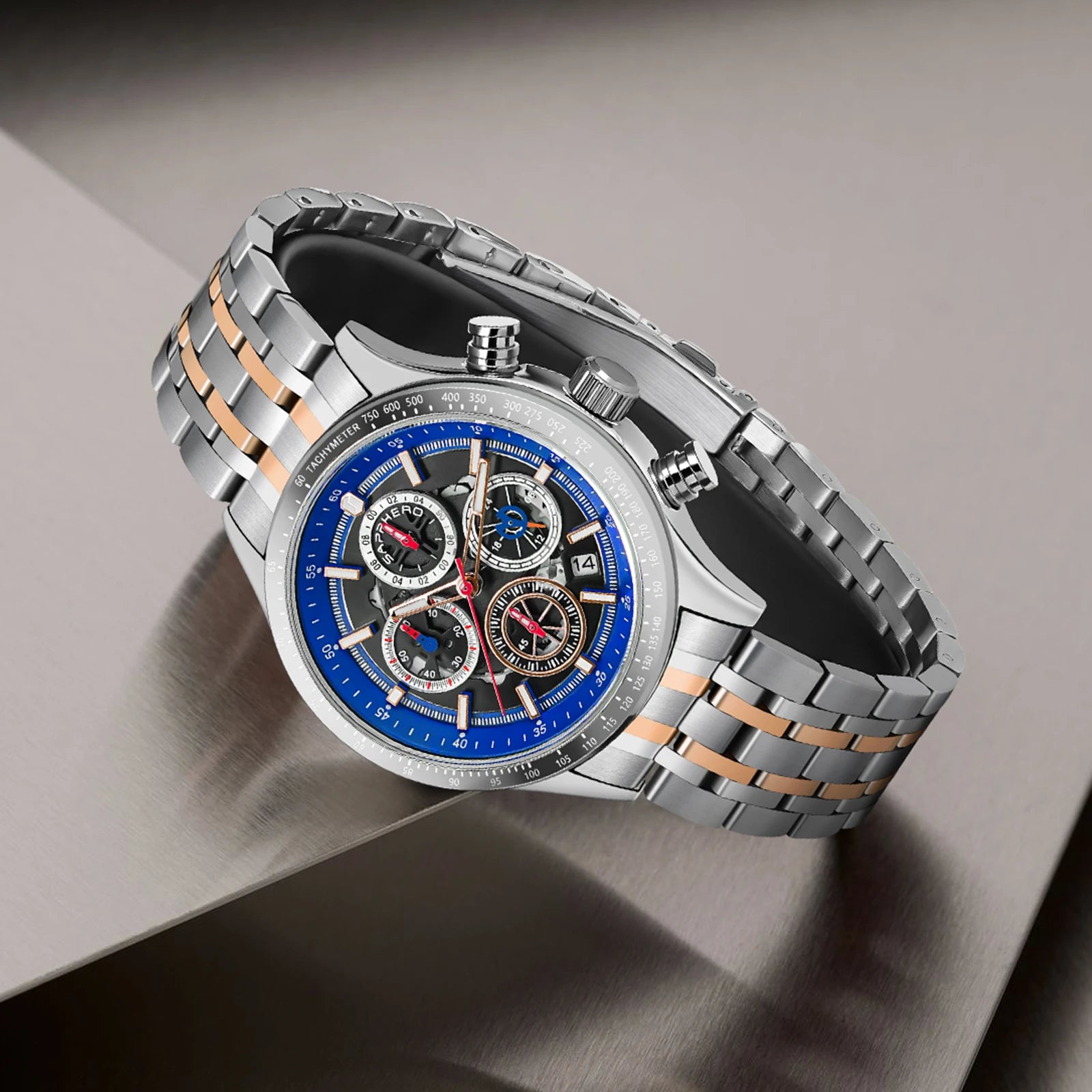 SAPPHERO Fashion Men Watch Mechanical Style Quartz Watch 50M Waterproof Clock Date Chronograph Watch  Gift Watch For Men