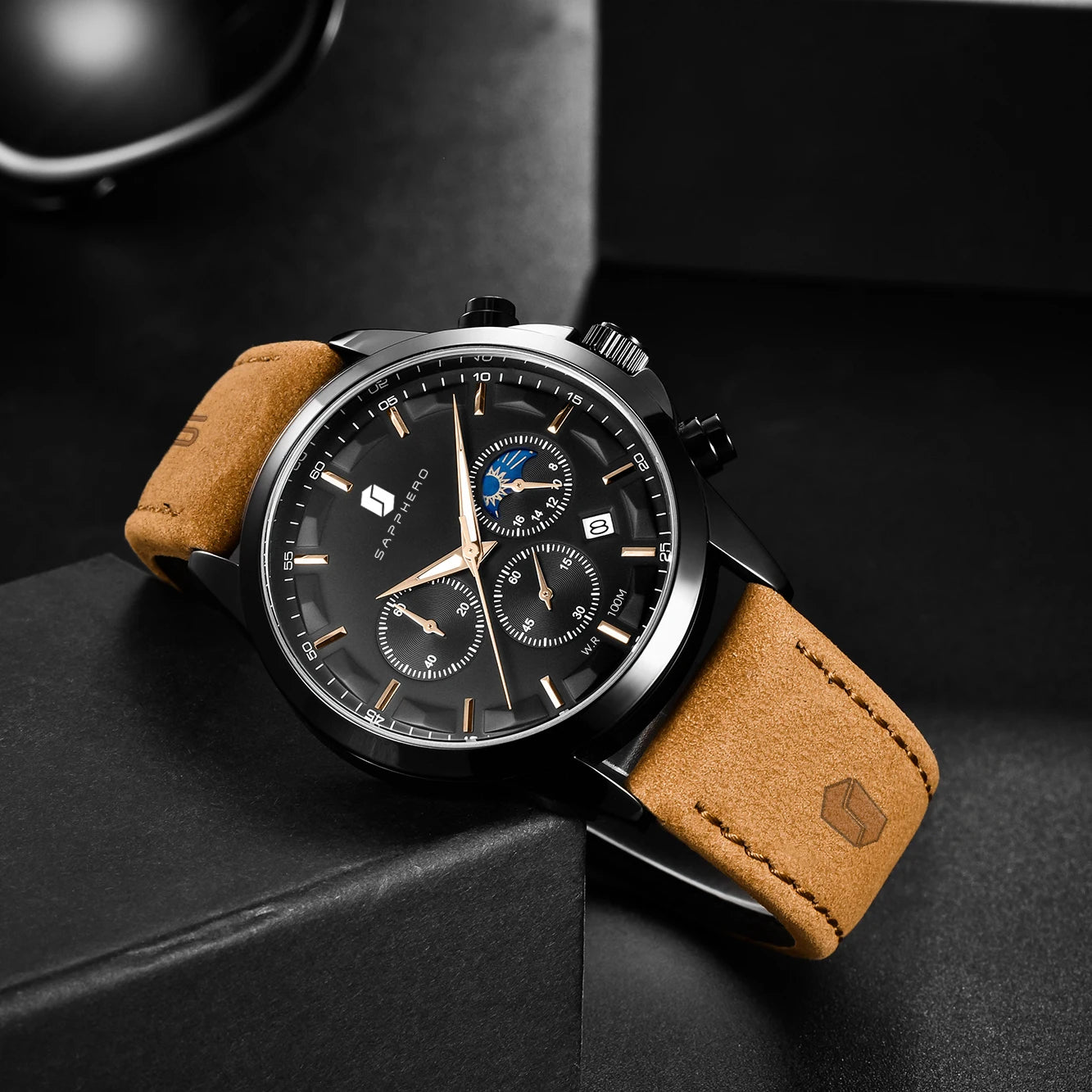 SAPPHERO Stainless steel Mens Watch Luxury Business Quartz Clock 100M Waterproof Casual Date Wristwatch for Men