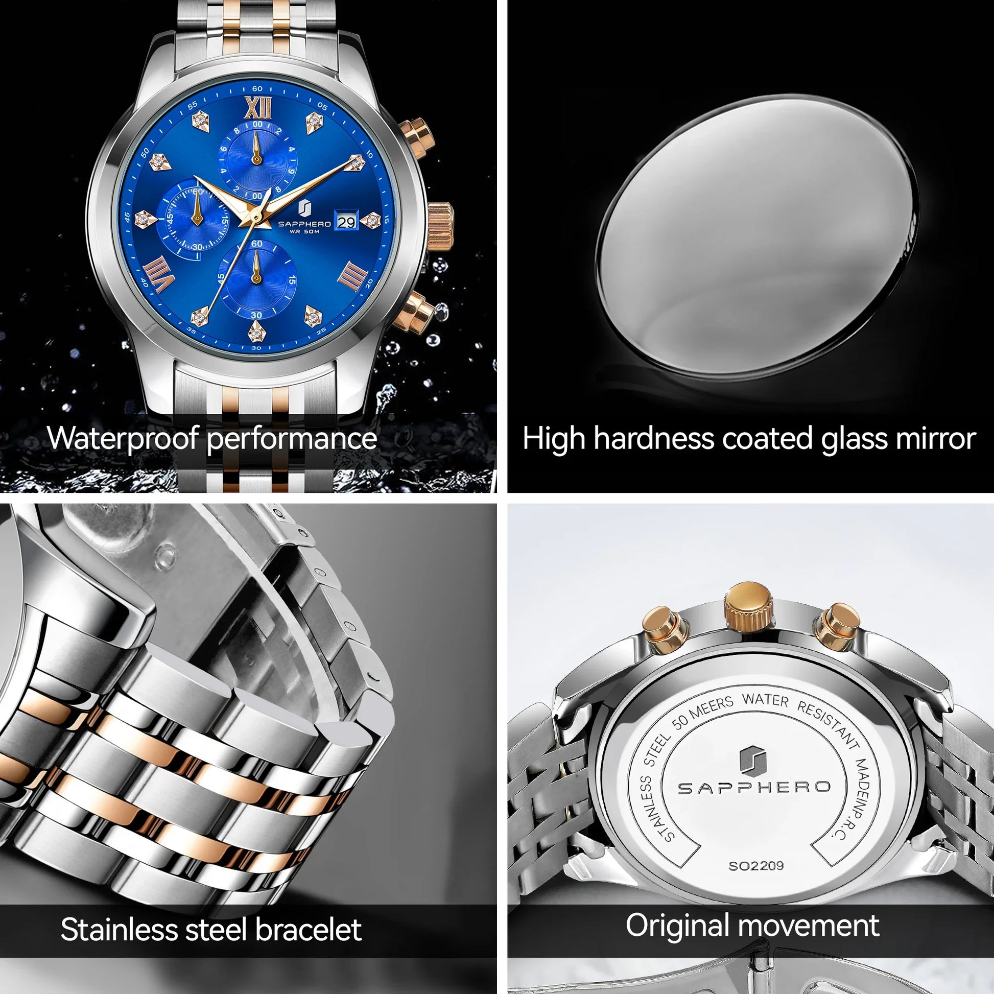 SAPPHERO Luxury Men's Watch Stainless Steel Watch Calendar Waterproof Clock 5ATM Men's Watch High-end Gift Box Clock