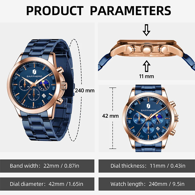SAPPHERO Men's Business Watches Stainless Steel Strap Date Display & Chronograph Function Waterproof Men's Watch Rose Gold Watch