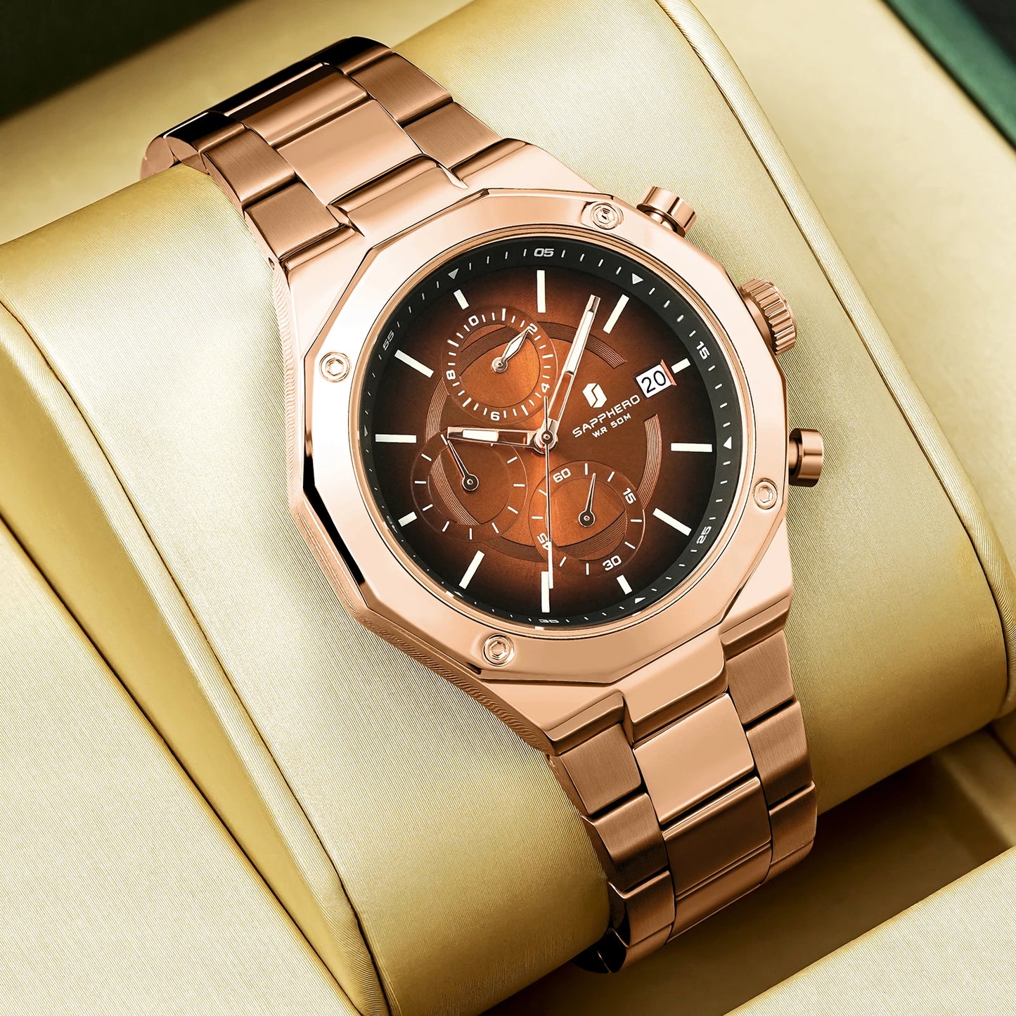SAPPHERO Rose Gold Men Watch Fashion Luxury Clock Stainless Steel Watch 50m Water Resistance Watch For Men New Year Gifts
