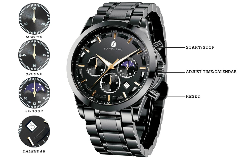 SAPPHERO Stainless steel Mens Watch Luxury Business Quartz Clock 100M Waterproof Casual Date Wristwatch for Men