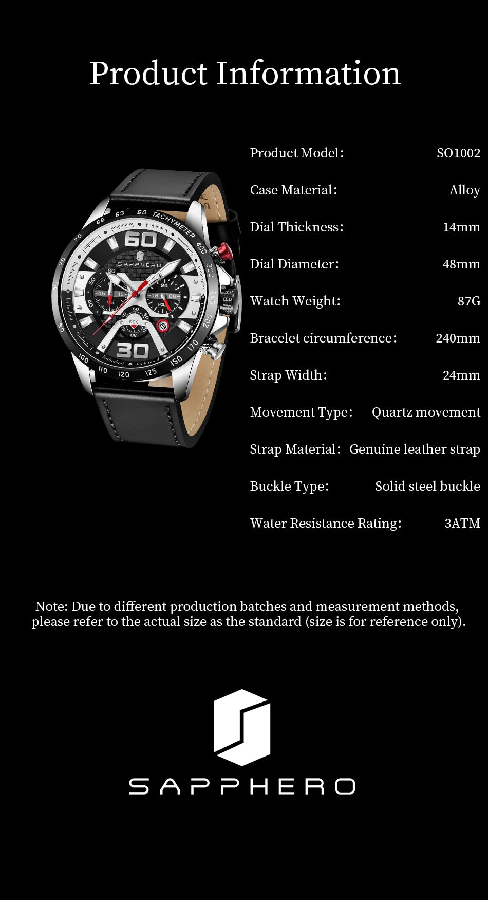 SAPPHERO Sports Men's Watch Rose Gold Watch Leather Strap Date Luminous Waterproof Chronograph Quartz Watch Men's Accessories
