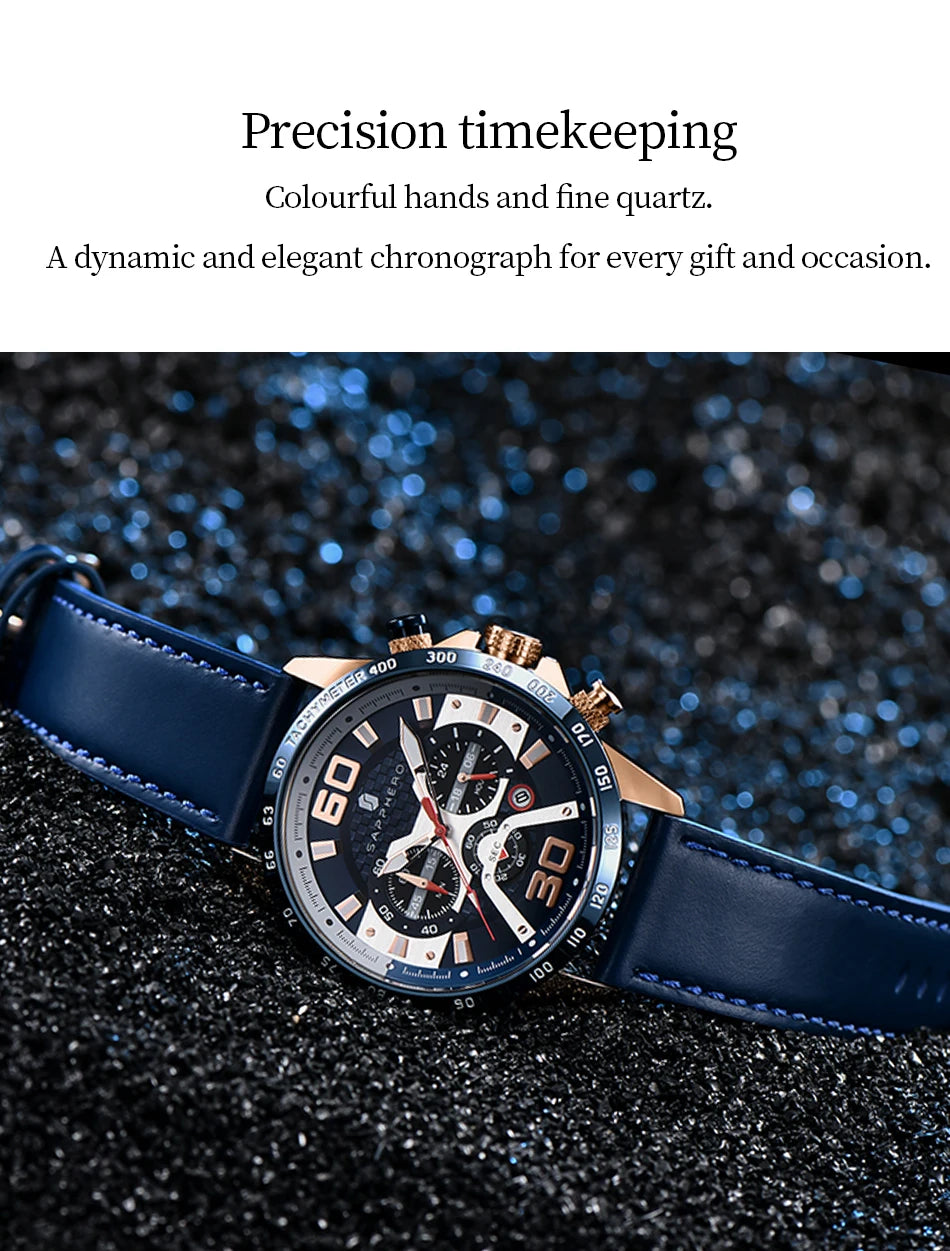 SAPPHERO Sports Men's Watch Rose Gold Watch Leather Strap Date Luminous Waterproof Chronograph Quartz Watch Men's Accessories