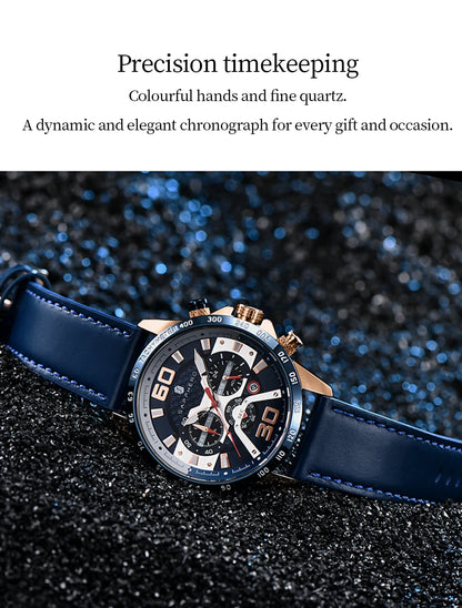 SAPPHERO Sports Men's Watch Rose Gold Watch Leather Strap Date Luminous Waterproof Chronograph Quartz Watch Men's Accessories