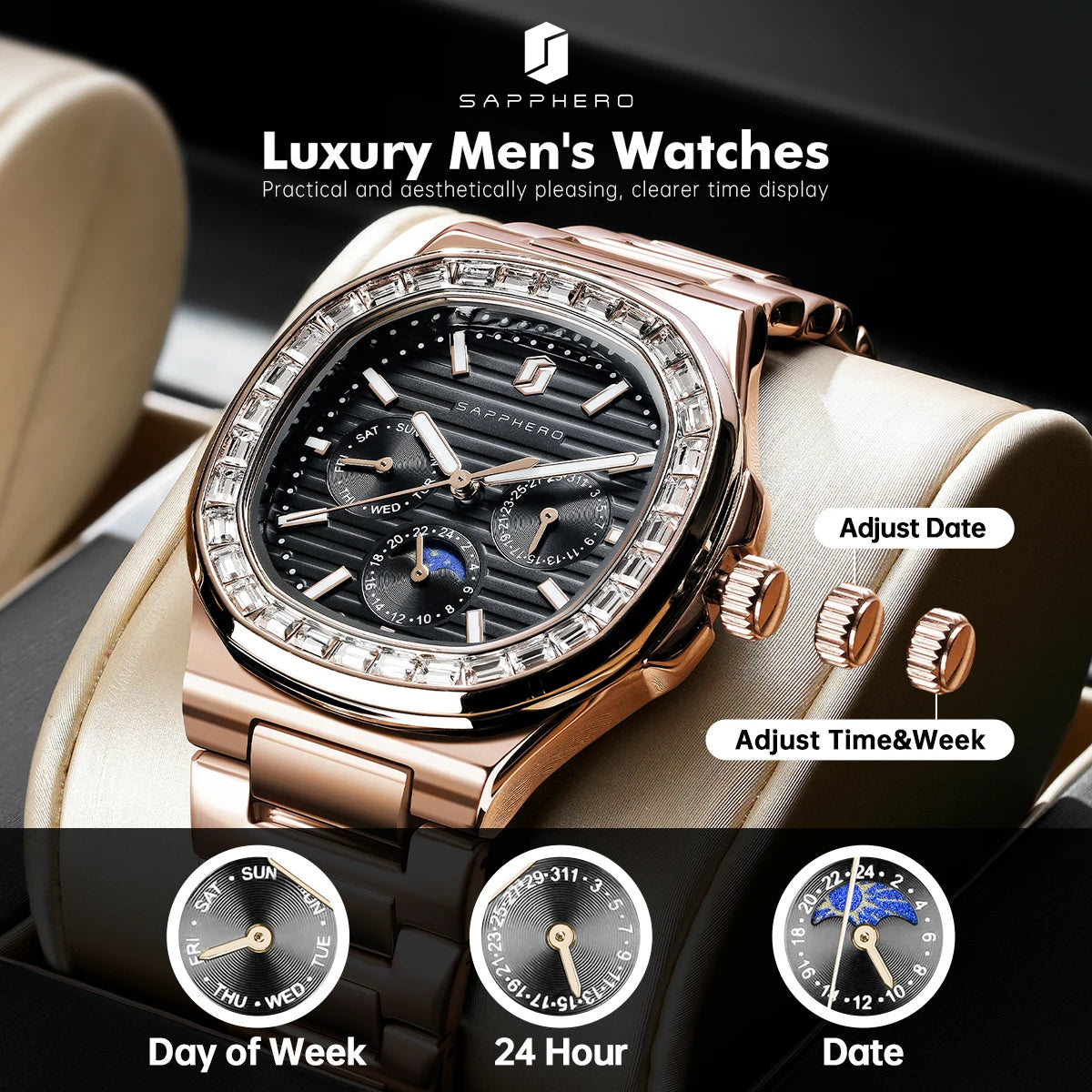 SAPPHERO Rose Gold Watches Men's Watch For Men Waterproof Quartz Watches Diamond Clocks Fashion New Men's Gifts Wristwatch