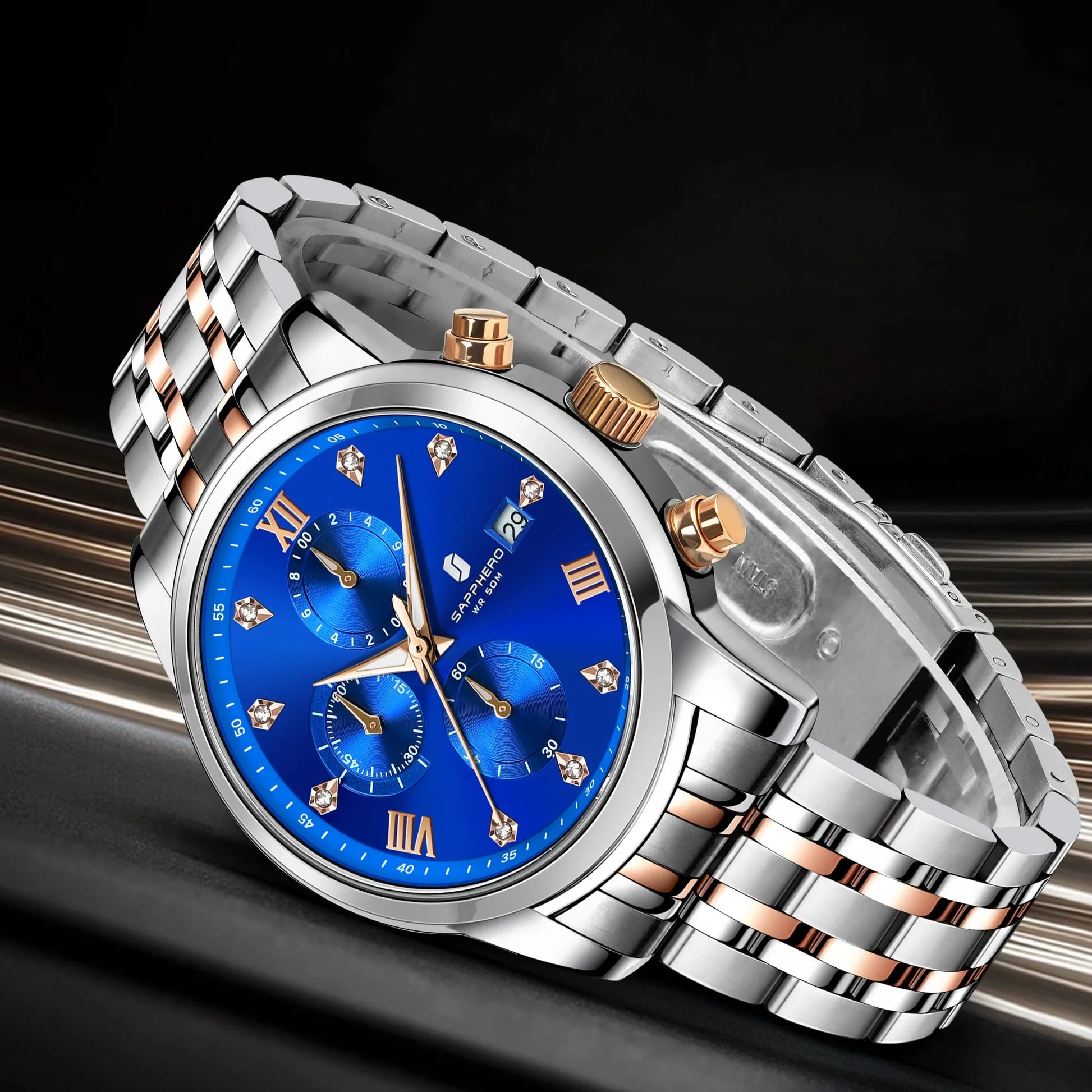 SAPPHERO Luxury Men's Watch Stainless Steel Watch Calendar Waterproof Clock 5ATM Men's Watch High-end Gift Box Clock