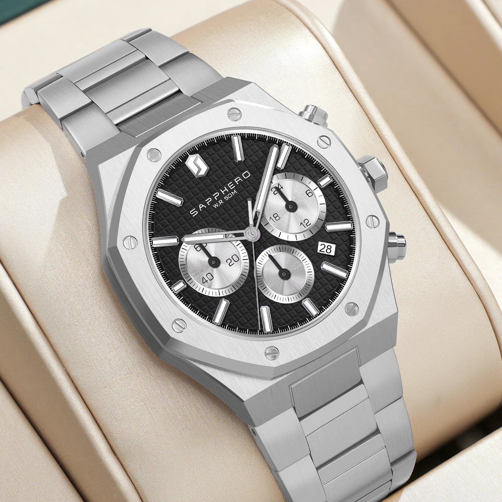 SAPPHERO Tough Men's Watch Business Style Stainless Steel Watch Waterproof Design Date Display Accurate Timer Excellent Gifts