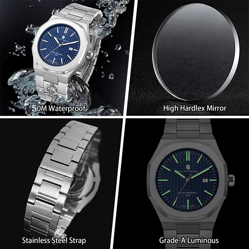 SAPPHERO Luxury Business Men's Watch Stainless Steel Waterproof Watch For Men Glowing Hand Date Function Tough Men Gift Watch