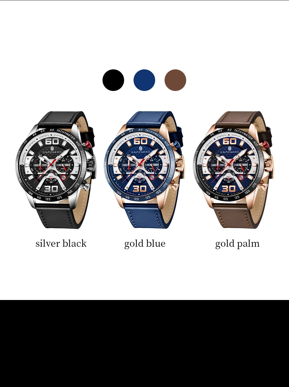 SAPPHERO Sports Men's Watch Rose Gold Watch Leather Strap Date Luminous Waterproof Chronograph Quartz Watch Men's Accessories