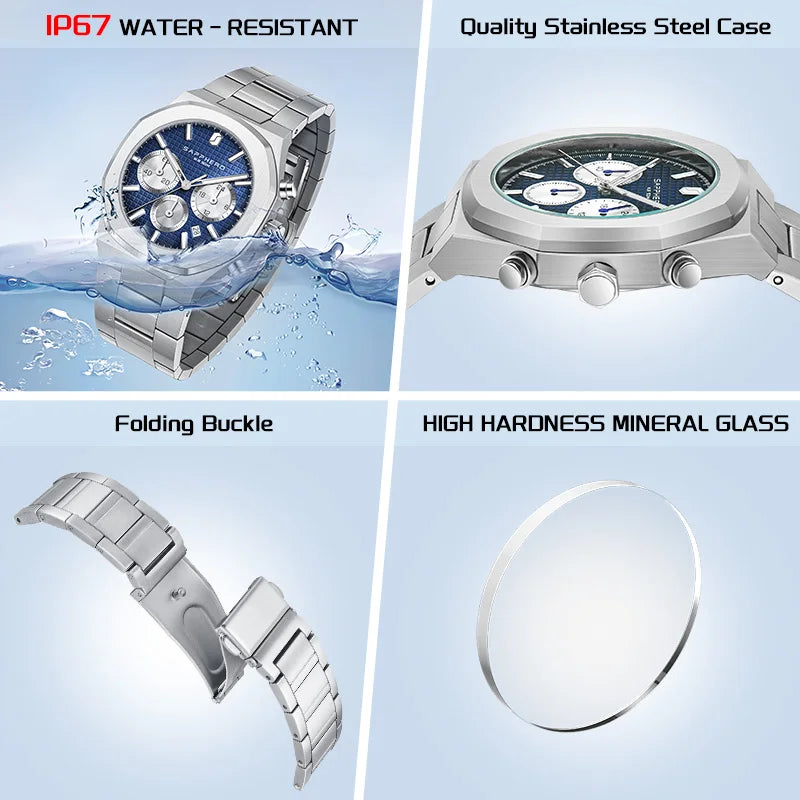 SAPPHERO Men's watch Stainless steel Waterproof men's watch Chronograph Business men's watch best gift clock