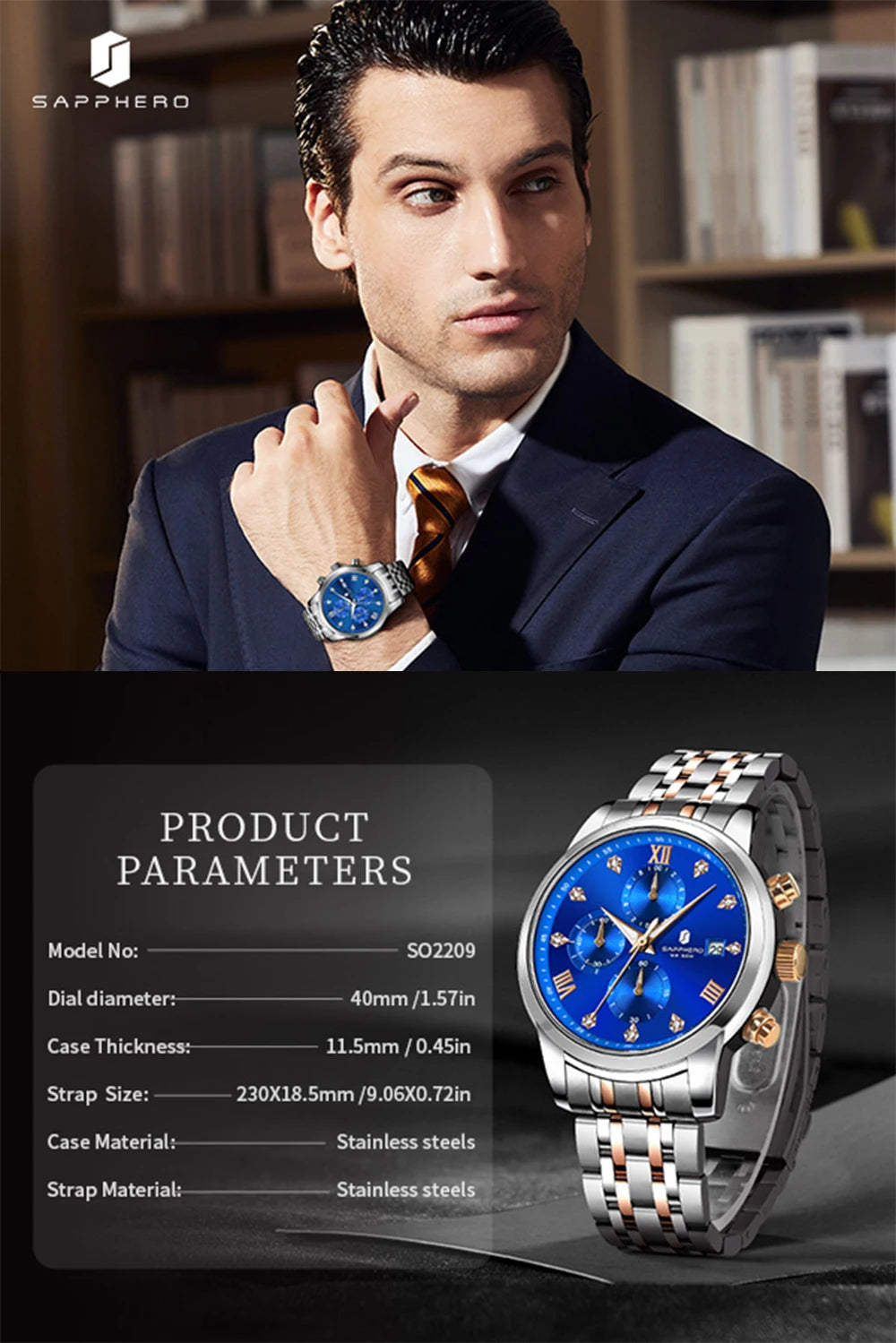 SAPPHERO Luxury Men's Watch Stainless Steel Watch Calendar Waterproof Clock 5ATM Men's Watch High-end Gift Box Clock