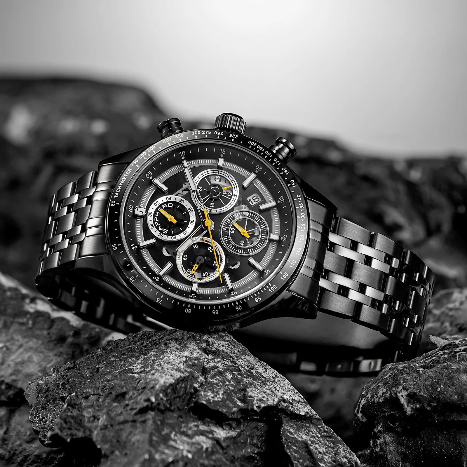 SAPPHERO Fashion Men Watch Mechanical Style Quartz Watch 50M Waterproof Clock Date Chronograph Watch  Gift Watch For Men