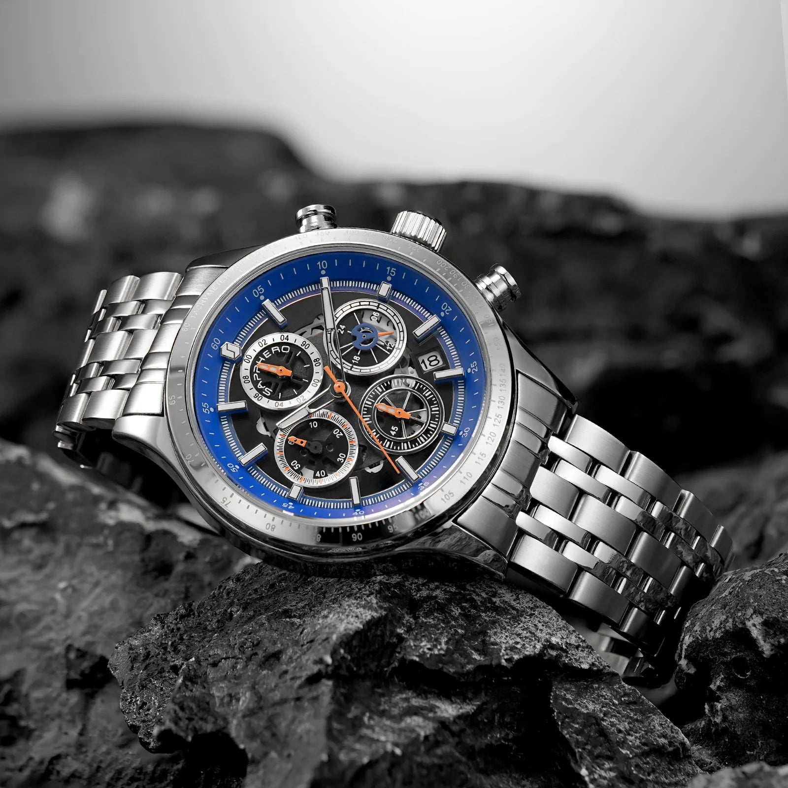 SAPPHERO Fashion Men Watch Mechanical Style Quartz Watch 50M Waterproof Clock Date Chronograph Watch  Gift Watch For Men