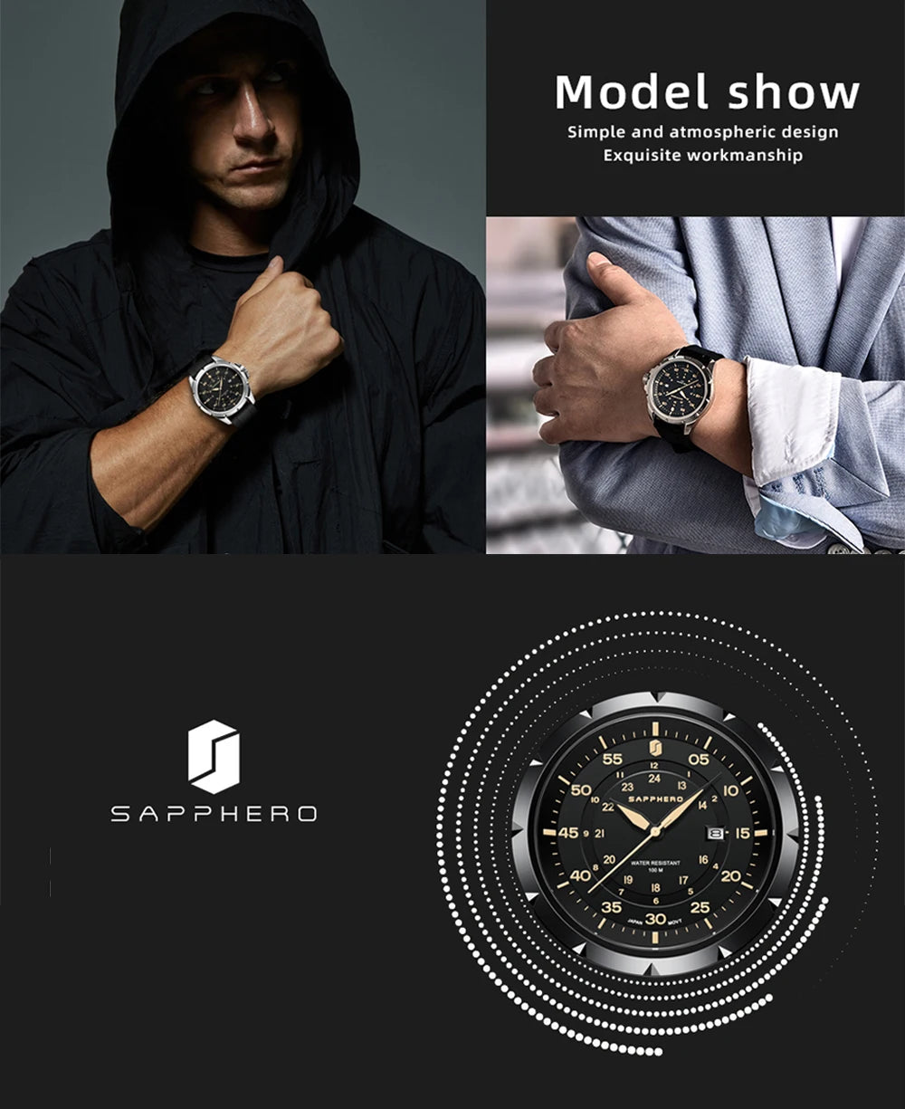 SAPPHERO Men Watch Luxury Quartz Clock 50M Waterproof Imported Movement Stainless Steel Watch Men's Gift Wristwatch
