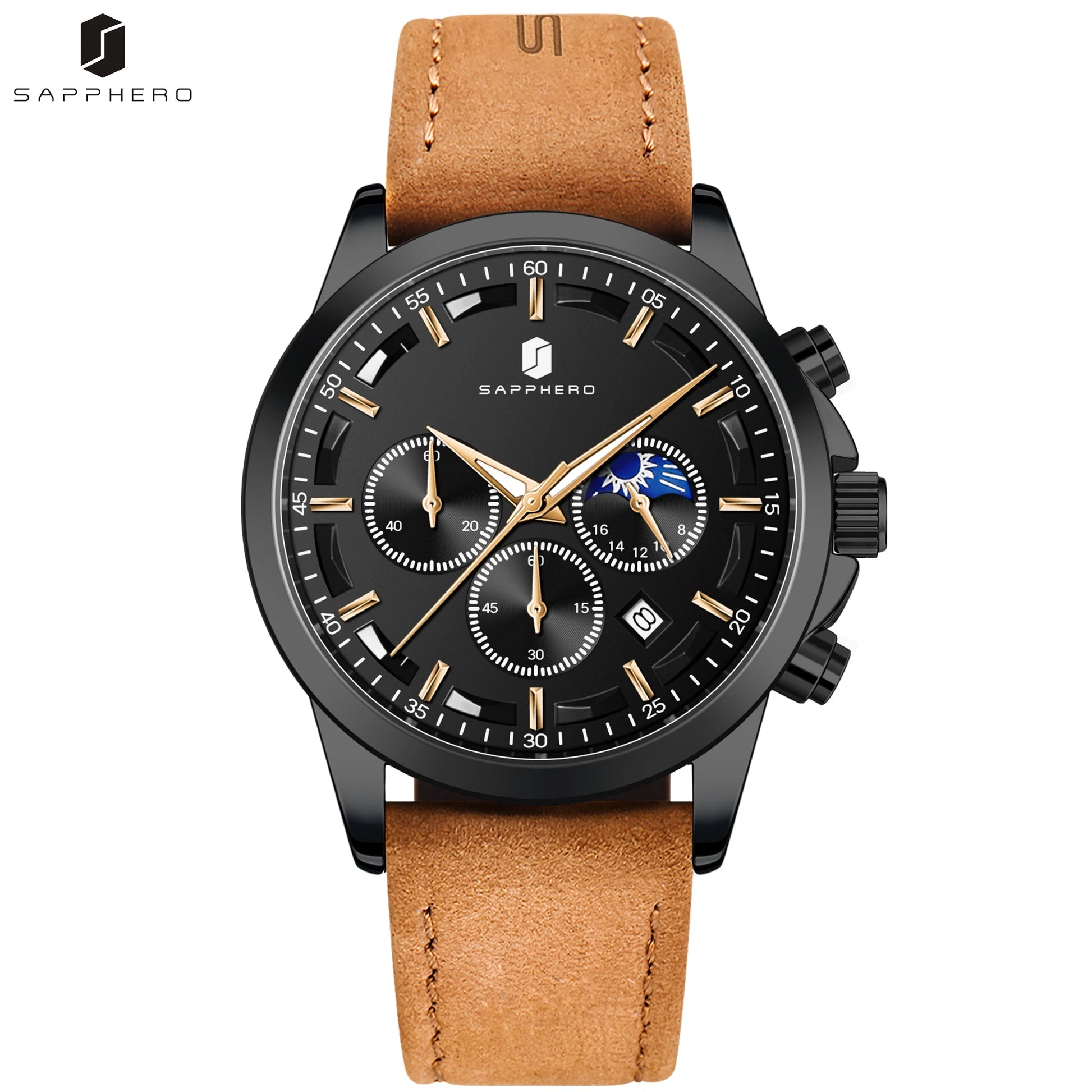SAPPHERO Men's Business Watches Leather Strap Sports Casual Quartz Men's Watch Classic Waterproof Timepiece 5ATM Wrist Watch