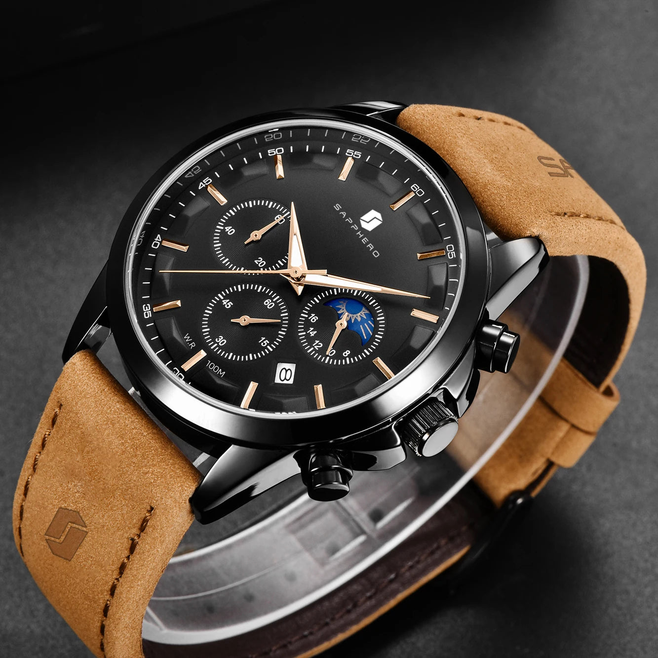 SAPPHERO Stainless steel Mens Watch Luxury Business Quartz Clock 100M Waterproof Casual Date Wristwatch for Men