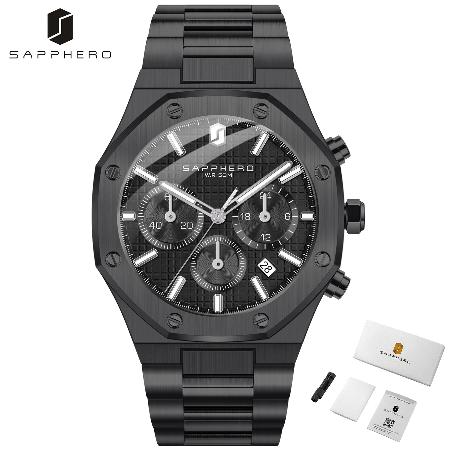 SAPPHERO Tough Men's Watch Business Style Stainless Steel Watch Waterproof Design Date Display Accurate Timer Excellent Gifts