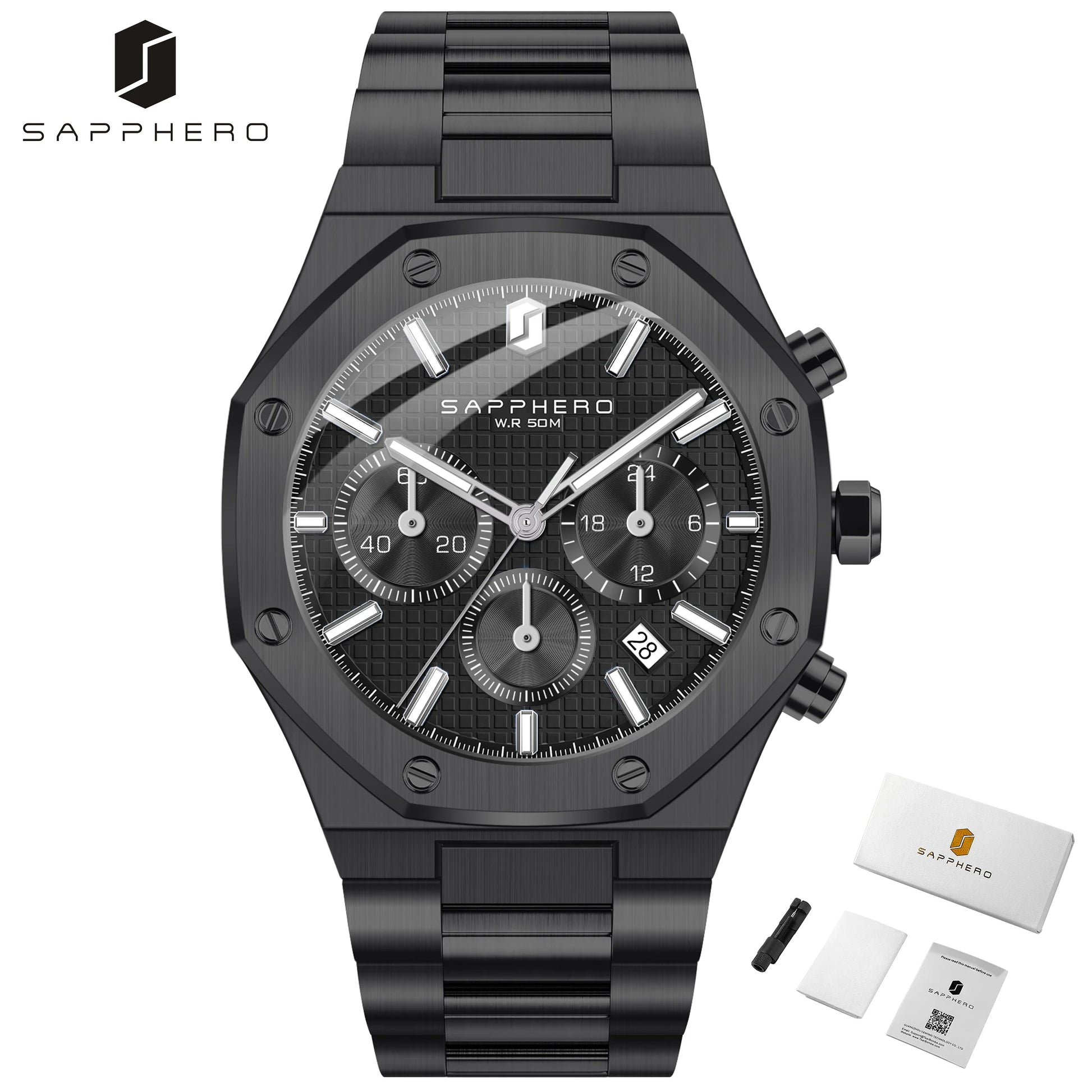 SAPPHERO Tough Men's Watch Business Style Stainless Steel Watch Waterproof Design Date Display Accurate Timer Excellent Gifts