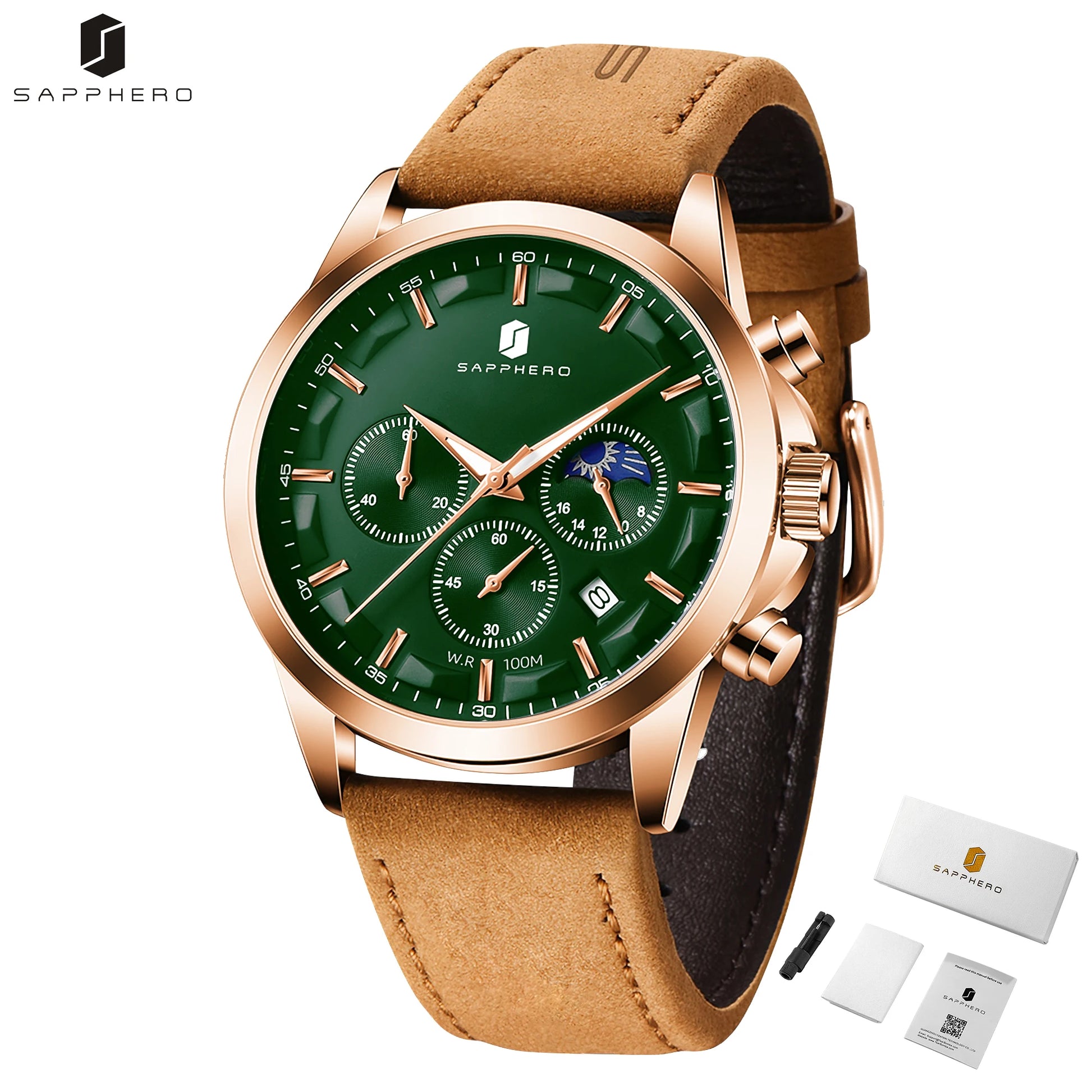 SAPPHERO Men's Business Watches Leather Strap Sports Casual Quartz Men's Watch Classic Waterproof Timepiece 5ATM Wrist Watch