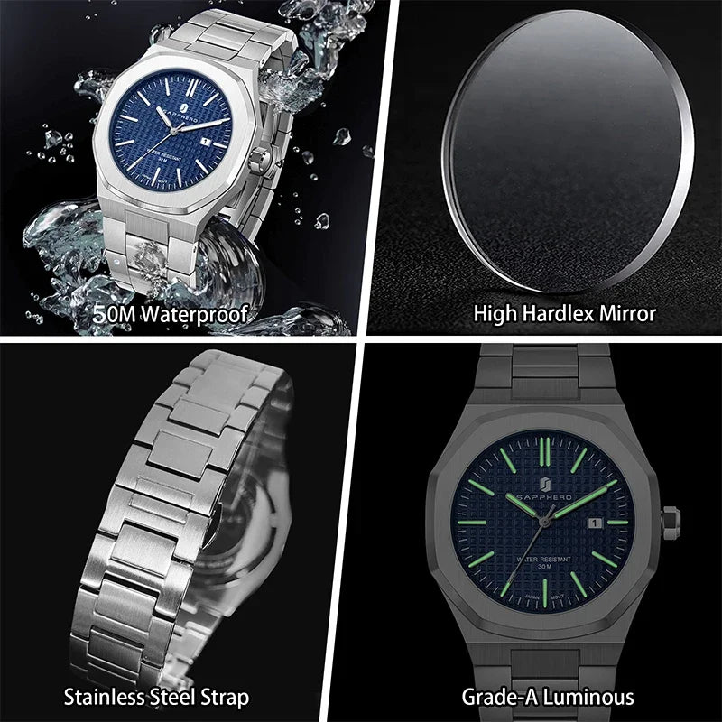 SAPPHERO Luxury Business Men's Watch Stainless Steel Waterproof Watch For Men Glowing Hand Date Function Tough Men Gift Watch