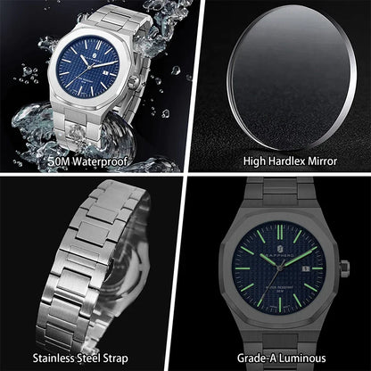 SAPPHERO Luxury Business Men's Watch Stainless Steel Waterproof Watch For Men Glowing Hand Date Function Tough Men Gift Watch