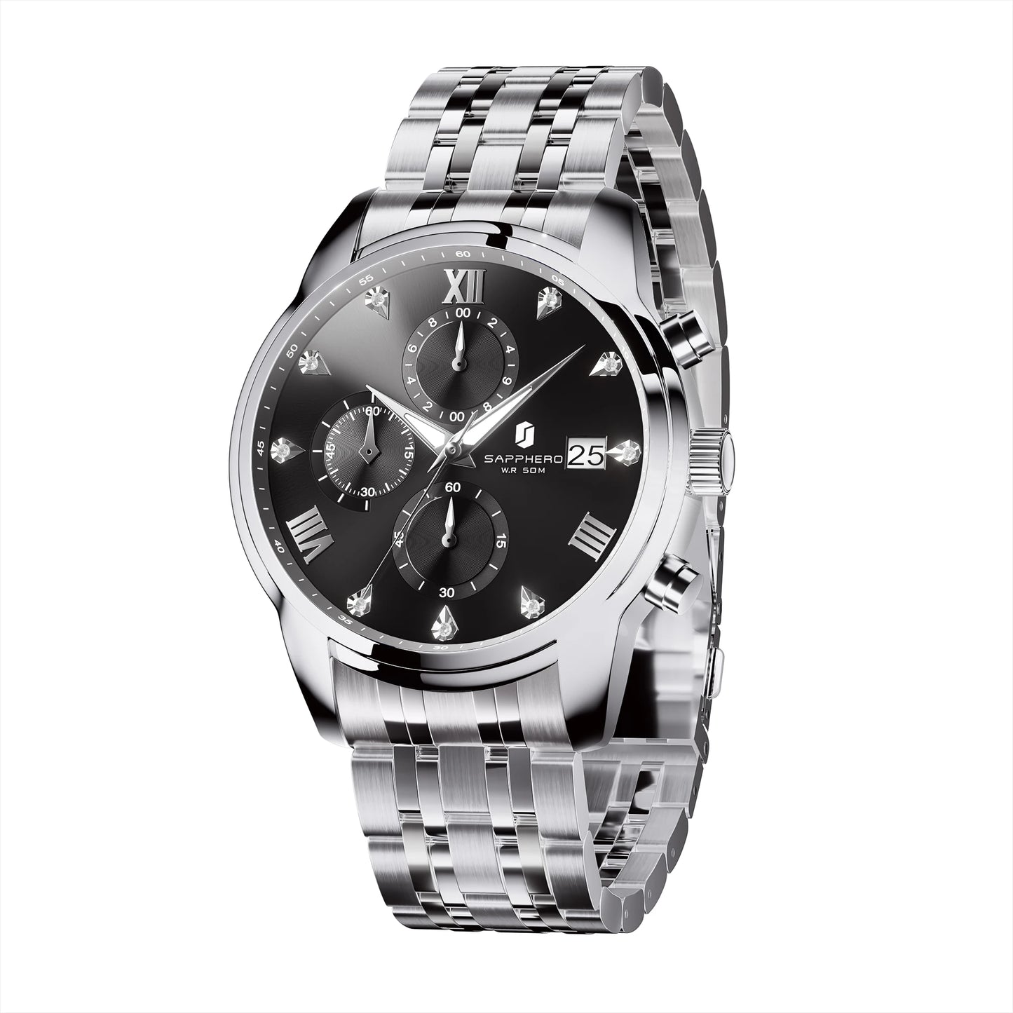 SAPPHERO Luxury Men's Watch Stainless Steel Watch Calendar Waterproof Clock 5ATM Men's Watch High-end Gift Box Clock